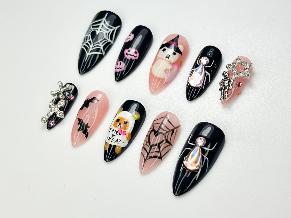 Spooky Bear Press On Nails | 3D Halloween Nail Art | Handmade Web & Bat Design | Cute Creepy Nails | Unique Black Pink Press Ons | JB167HC