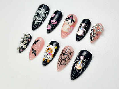Spooky Bear Press On Nails | 3D Halloween Nail Art | Handmade Web & Bat Design | Cute Creepy Nails | Unique Black Pink Press Ons | JB167HC