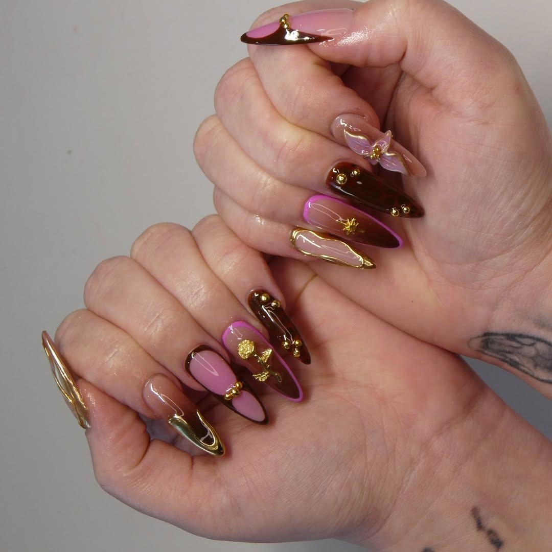 Rosewood Luxe Autumn Press On Nails | Tortoiseshell & Gold Frame Nail Art | 3D Flower Accent Nails | Chic Fall Gradient Nails | JB185EK