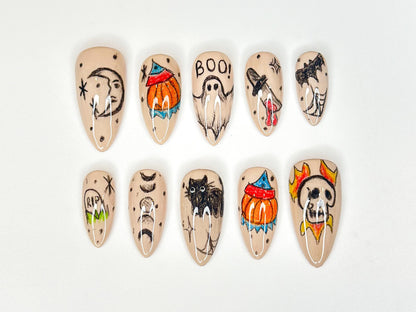 Hand-Painted Halloween Press On Nails | Ghost, Pumpkin, Cat & Skull Nail Art | Unique Handmade Nail | Horror-Inspired Nail Art | JB188HK