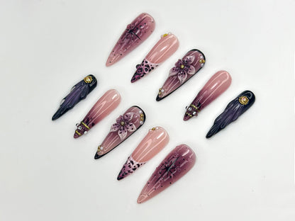 Gothic Floral Ombre Press On Nails | Pink Purple Handmade Nail Set | 3D Flower Nail Art | Elegant Long Nails | Dark Romantic Style| JC1141BK