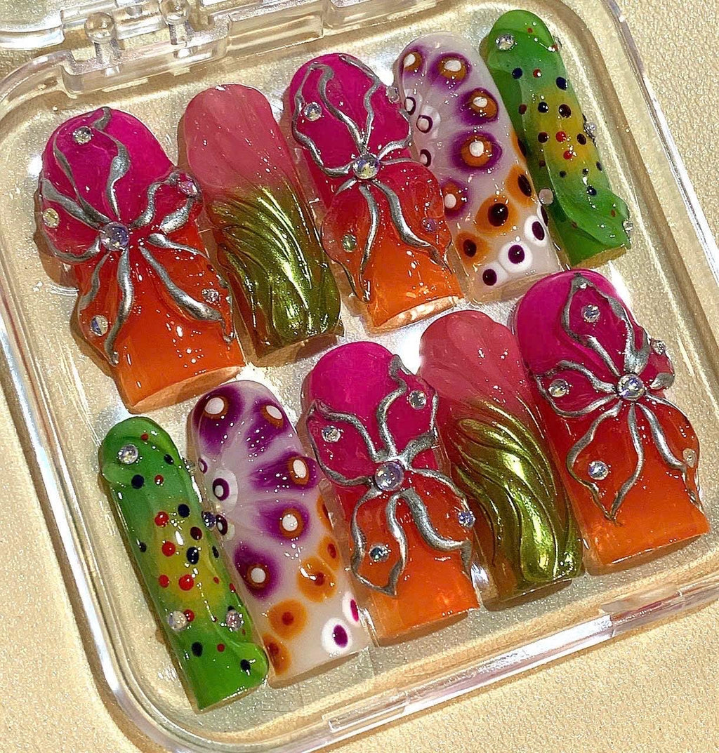 3D Flower Press On Nails: Bright Colorful Rhinestone Nail Set