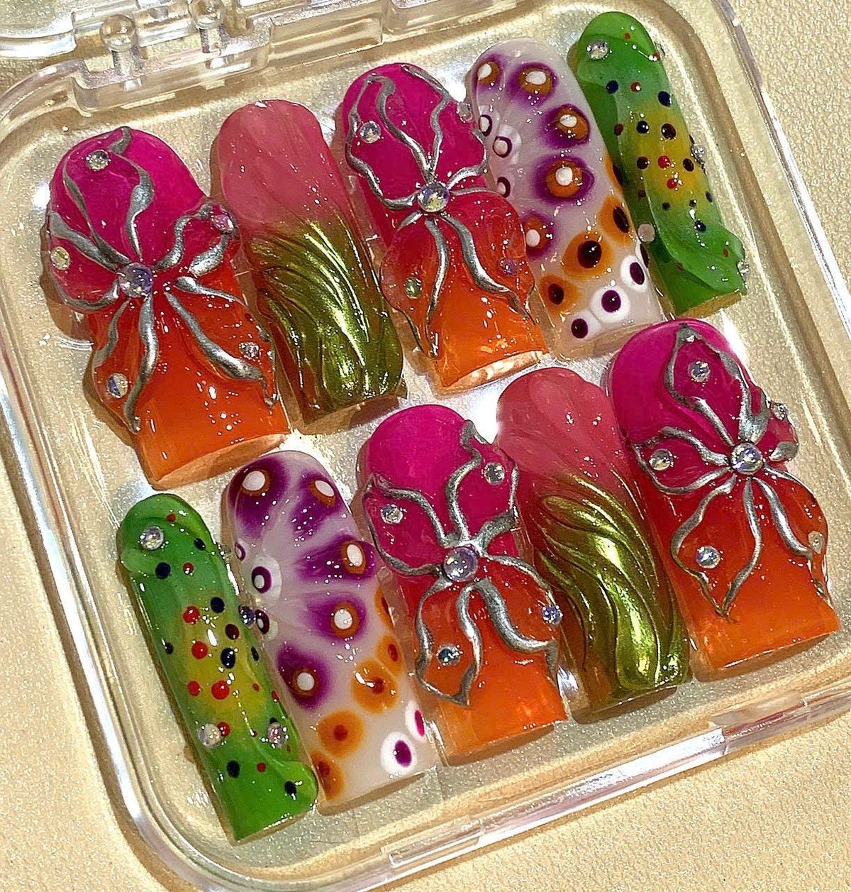 3D Flower Press On Nails: Bright Colorful Rhinestone Nail Set