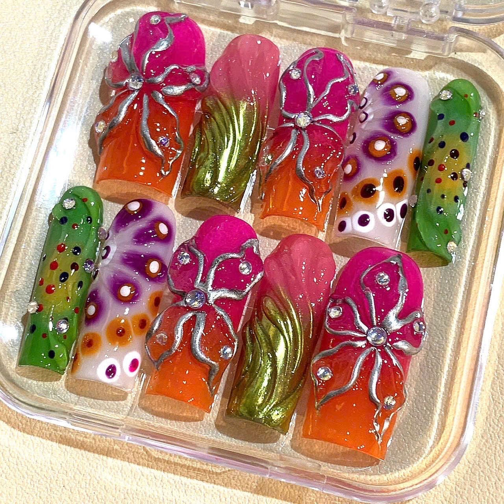 3D Flower Press On Nails: Bright Colorful Rhinestone Nail Set