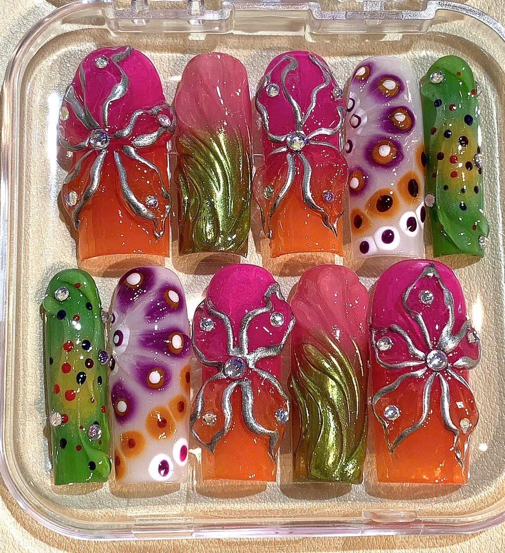 3D Flower Press On Nails: Bright Colorful Rhinestone Nail Set