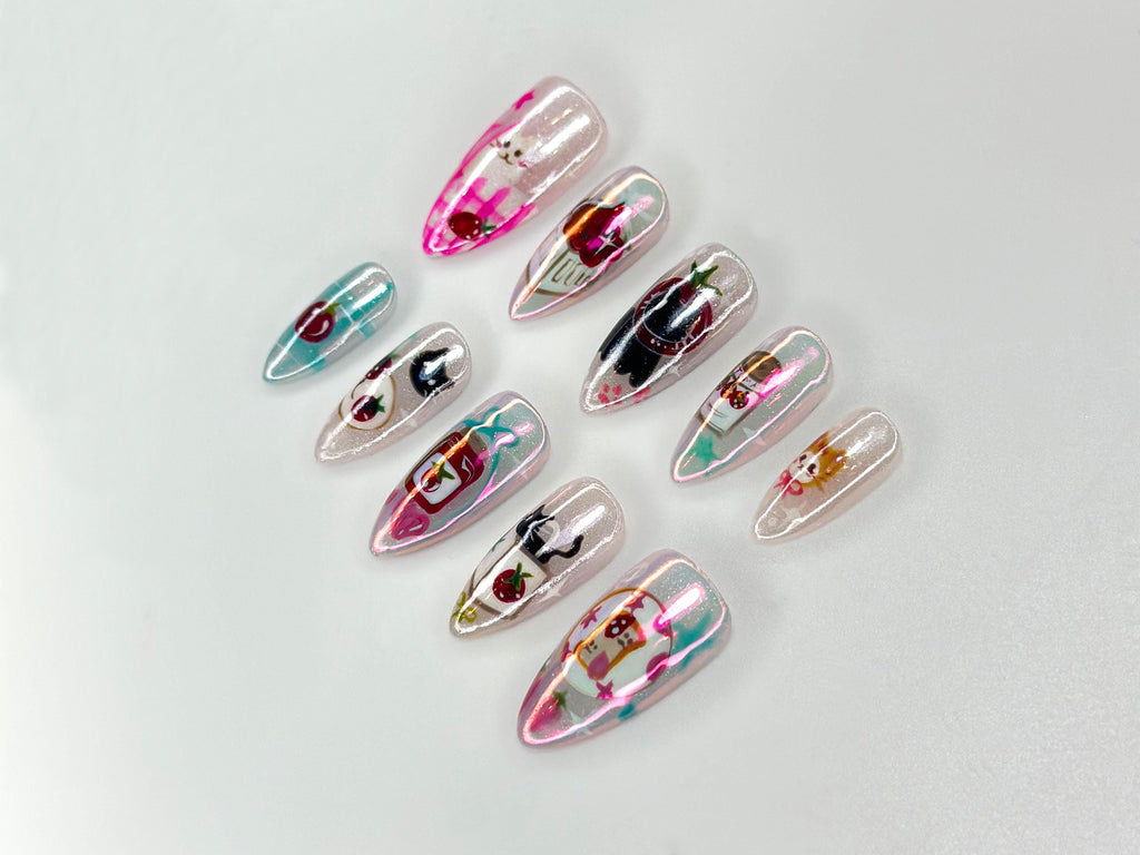 Kawaii Cat Press On Nails | Cherry & Strawberry Nail Art | Cute Handmade Nails | Pink Pearl Nail Set | Anime Inspired Nails | JC1142BC