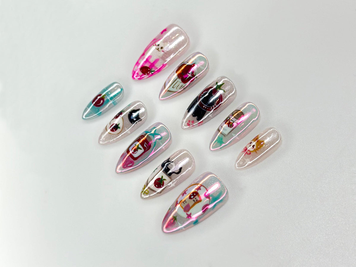 Kawaii Cat Press On Nails | Cherry & Strawberry Nail Art | Cute Handmade Nails | Pink Pearl Nail Set | Anime Inspired Nails | JC1142BC