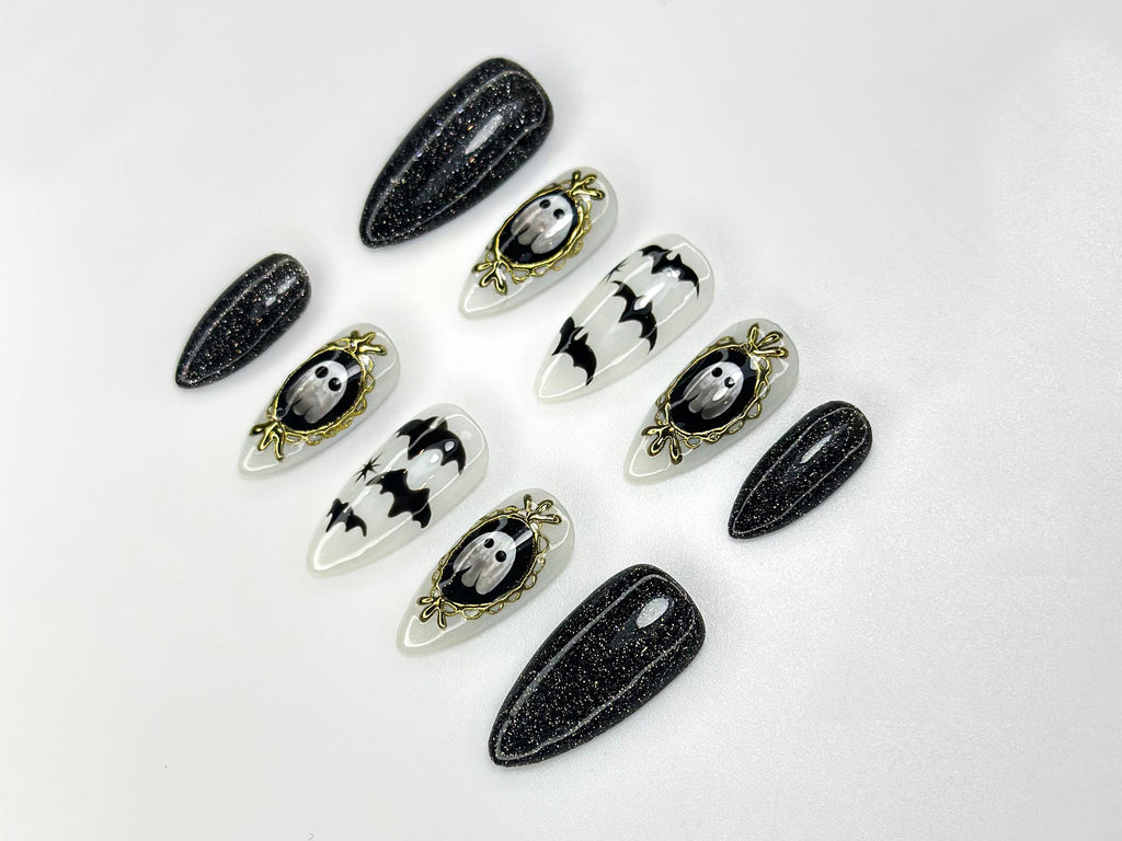 Haunted Mirror Ghost Nails | Gothic Halloween Press Ons | Black Glitter & Bat Nail Art | Handmade Spooky Black Set | JC1143BK