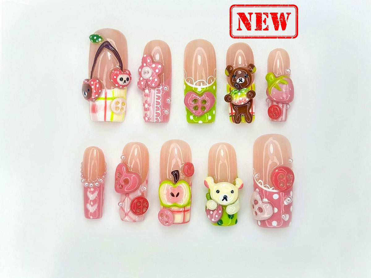 Kawaii Bear Candy Press On Nails | 3D Cute Apple Cherry Nail Art | Pastel Pink Green Y2K Vibes | Cartoon Dessert-Inspired Nails  | JB986EC
