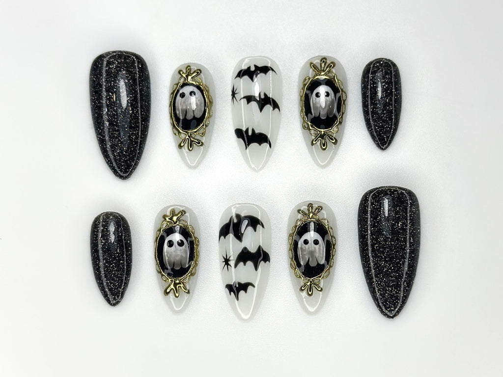 Haunted Mirror Ghost Nails | Gothic Halloween Press Ons | Black Glitter & Bat Nail Art | Handmade Spooky Black Set | JC1143BK