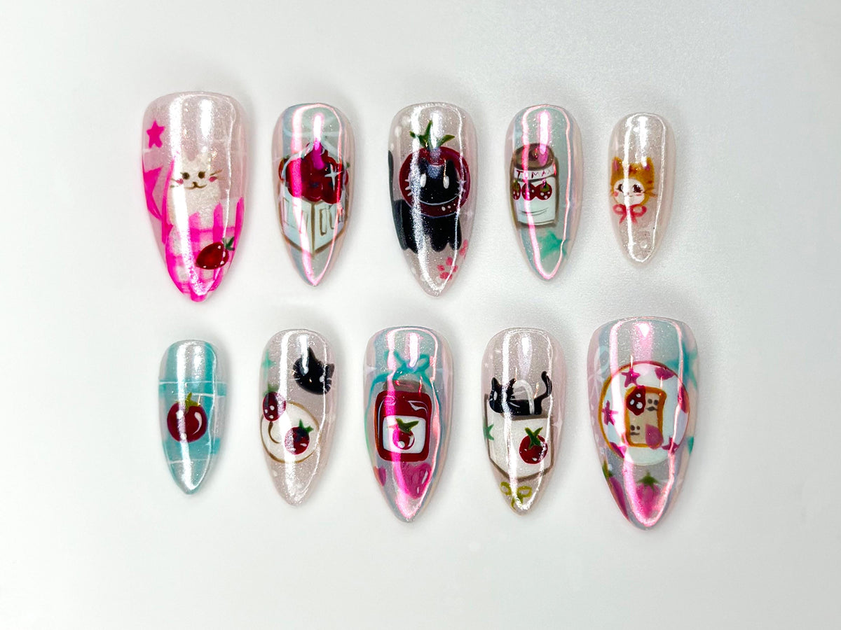 Kawaii Cat Press On Nails | Cherry & Strawberry Nail Art | Cute Handmade Nails | Pink Pearl Nail Set | Anime Inspired Nails | JC1142BC