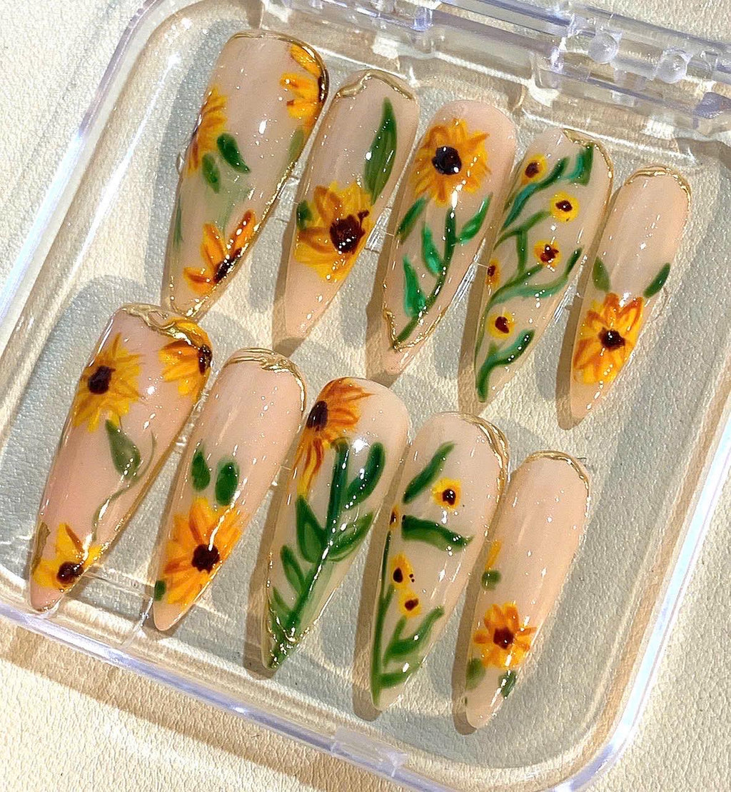 Handmade Sunflower Press On Nails: Long Stiletto Floral Nail Set