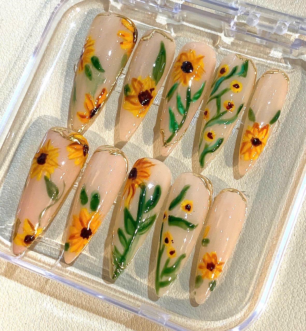 Handmade Sunflower Press On Nails: Long Stiletto Floral Nail Set