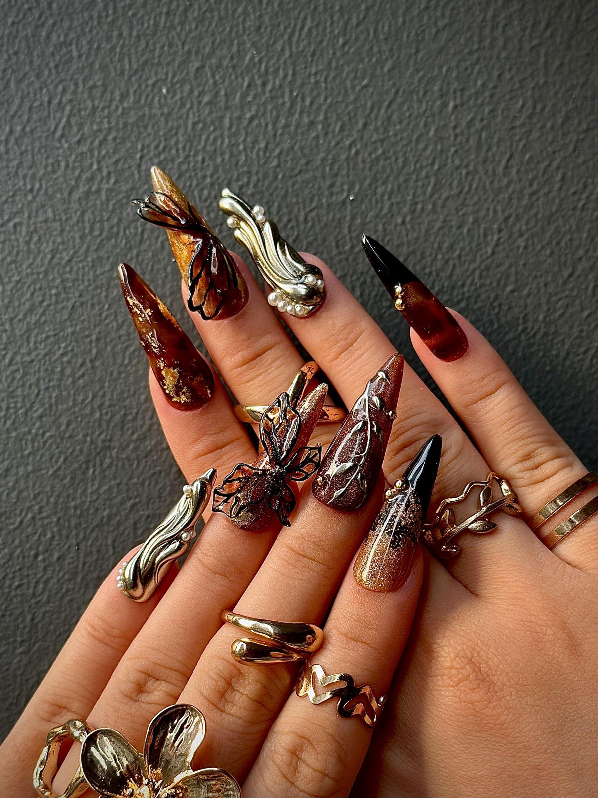 Autumn Butterfly Press On Nails |  Luxury Handmade Brown Nails | Nature Inspired Stiletto Press Ons | Elegant Butterfly Design | JB168HC