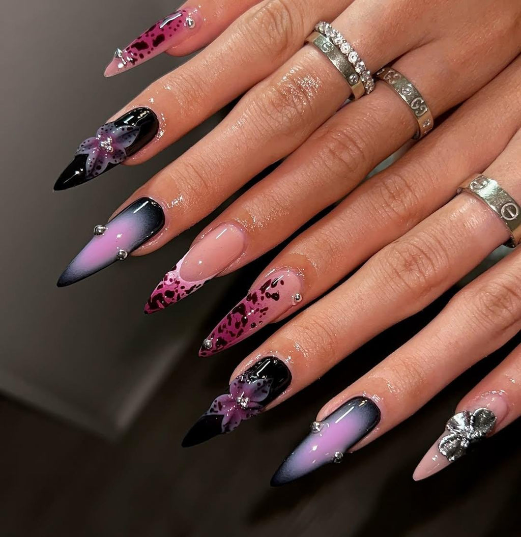 Midnight Orchid Glam Press On Nails | Purple Ombre Nail Art | Leopard Print Accent Nails | 3D Floral & Metallic Details | JB191EK