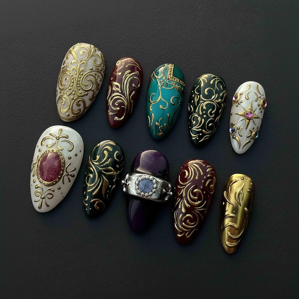 Handmade Baroque Luxury Press On Nails | Gold Swirls, Gems, Stars & Jewel Accents | Elegant Almond Nails For Royal Vintage Vibe