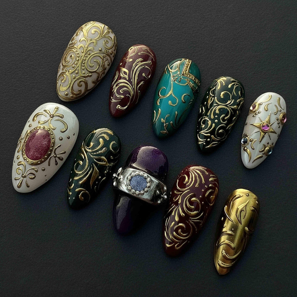 Handmade Baroque Luxury Press On Nails | Gold Swirls, Gems, Stars & Jewel Accents | Elegant Almond Nails For Royal Vintage Vibe