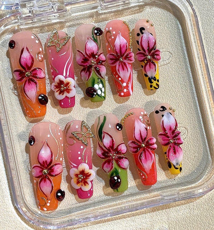 Hand Painted Tropical Flower Press On Nails: Summer Nail Art