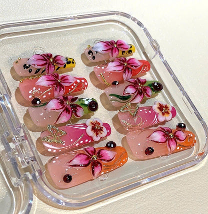 Hand Painted Tropical Flower Press On Nails: Summer Nail Art
