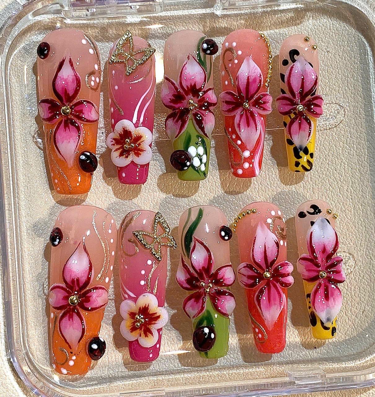 Hand Painted Tropical Flower Press On Nails: Summer Nail Art