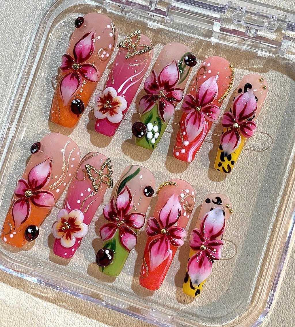 Hand Painted Tropical Flower Press On Nails: Summer Nail Art