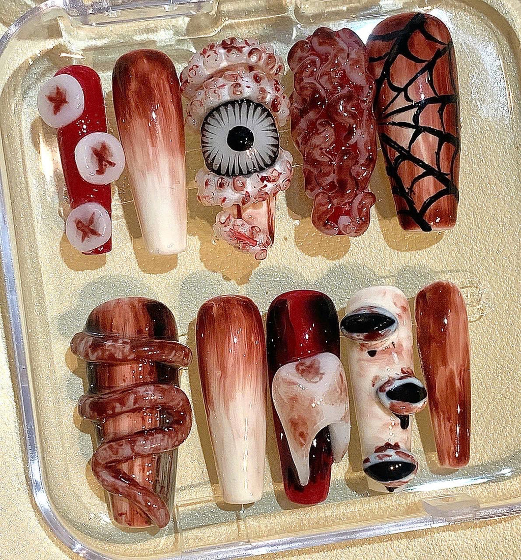 3D Halloween Press On Nails: Eyeball, Snake, Spider Web Design