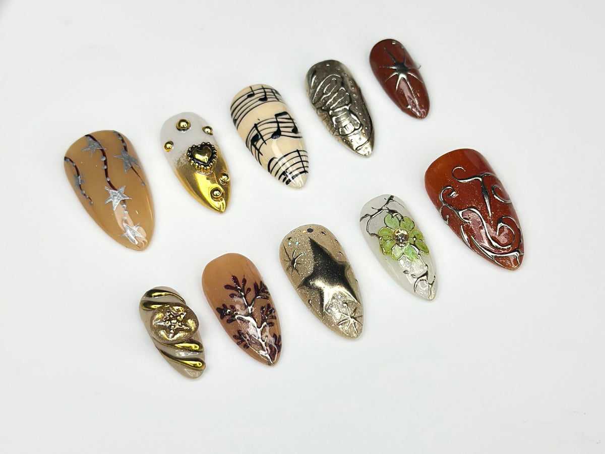 Fall Vibe Press On Nails | Music & Stars Nail Art | Baroque Luxury Handmade Nails | Celestial Nature Inspired | Elegant Nail Set | JB171HC