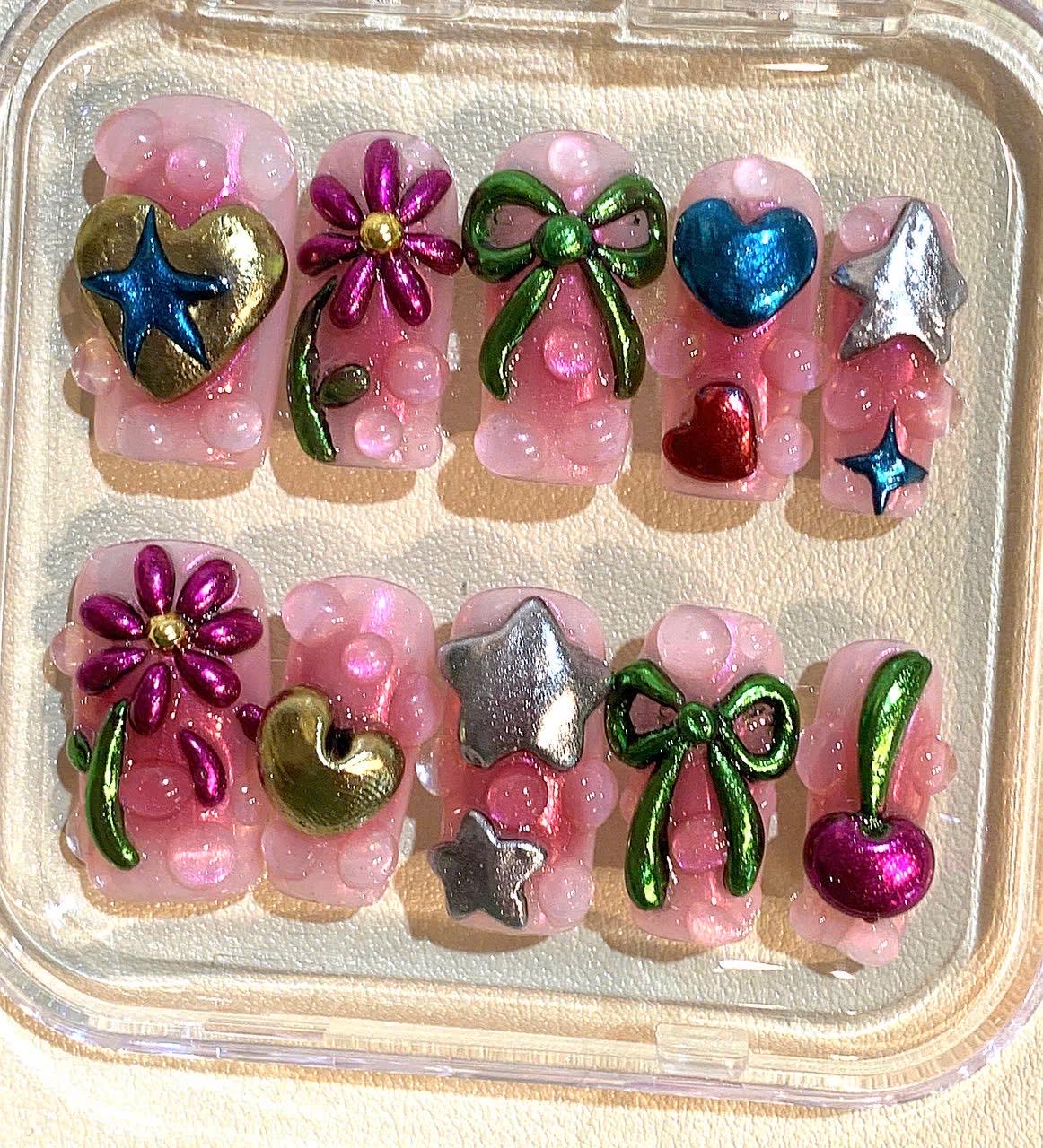 Y2K 3D Jelly Heart Press On Nails: Kawaii Pink Bow, Star & Cherry Charms