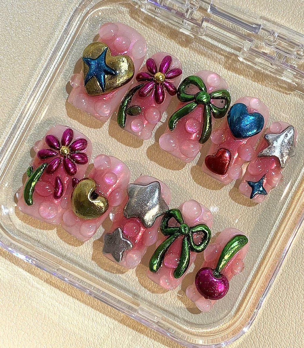 Y2K 3D Jelly Heart Press On Nails: Kawaii Pink Bow, Star & Cherry Charms