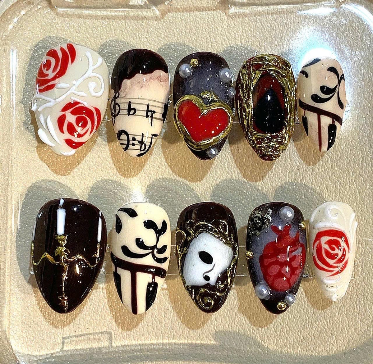 Phantom of the Opera Press On Nails: Gothic Rose Music Note Nail Art