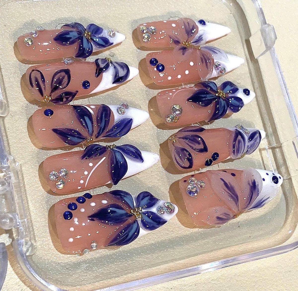 3D Blue Floral Press On Nails: Rhinestone French Tip Nail Art
