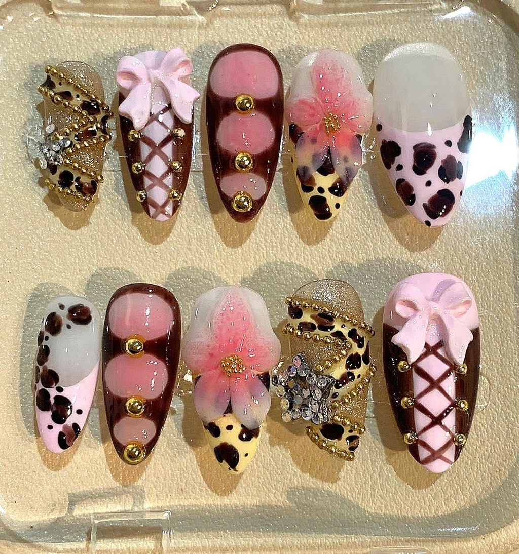 Pink Leopard Press On Nails: 3D Bow, Flower & Rhinestone Nail Art