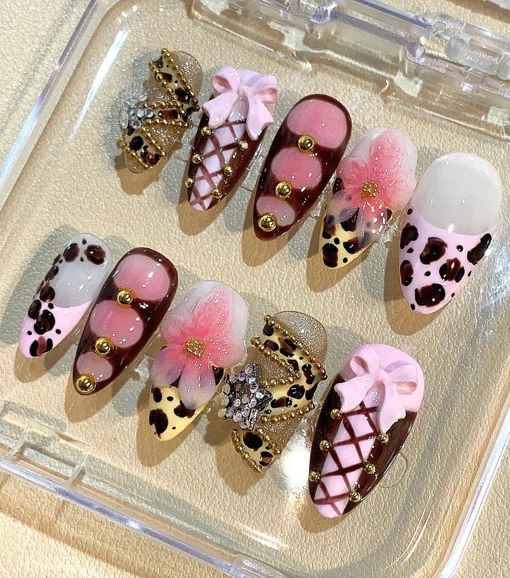 Pink Leopard Press On Nails: 3D Bow, Flower & Rhinestone Nail Art