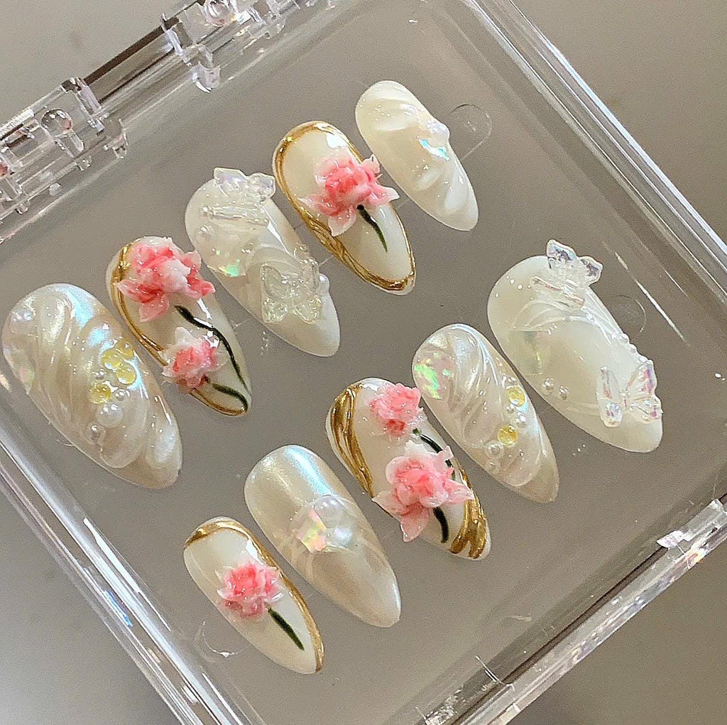 Luxury 3D Flower Press On Nails | Bridal Pearl Butterfly Nail Set | Handmade White Nails