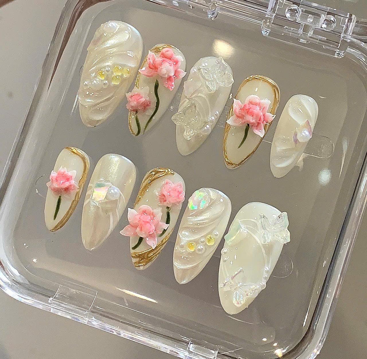 Luxury 3D Flower Press On Nails | Bridal Pearl Butterfly Nail Set | Handmade White Nails