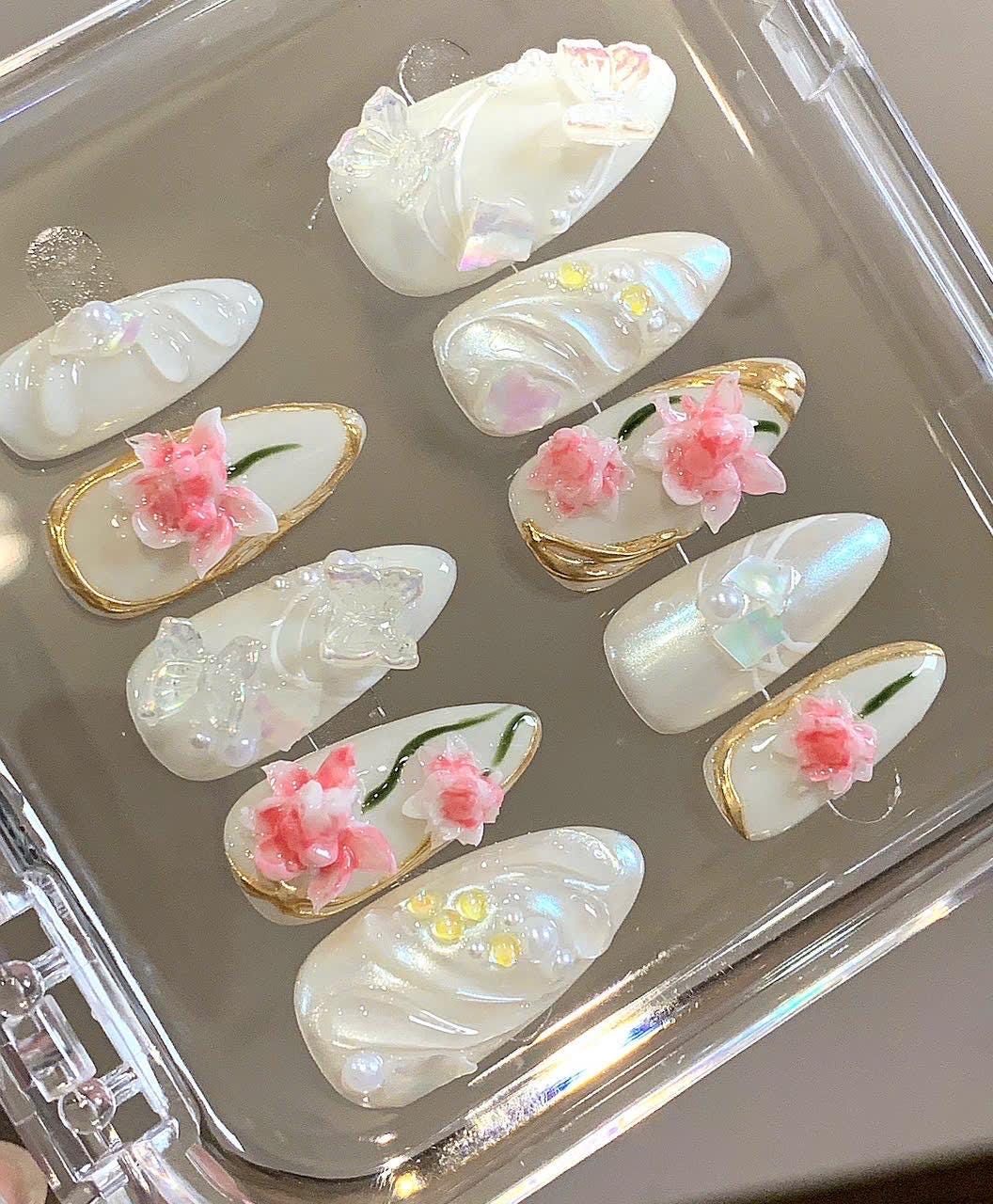 Luxury 3D Flower Press On Nails | Bridal Pearl Butterfly Nail Set | Handmade White Nails