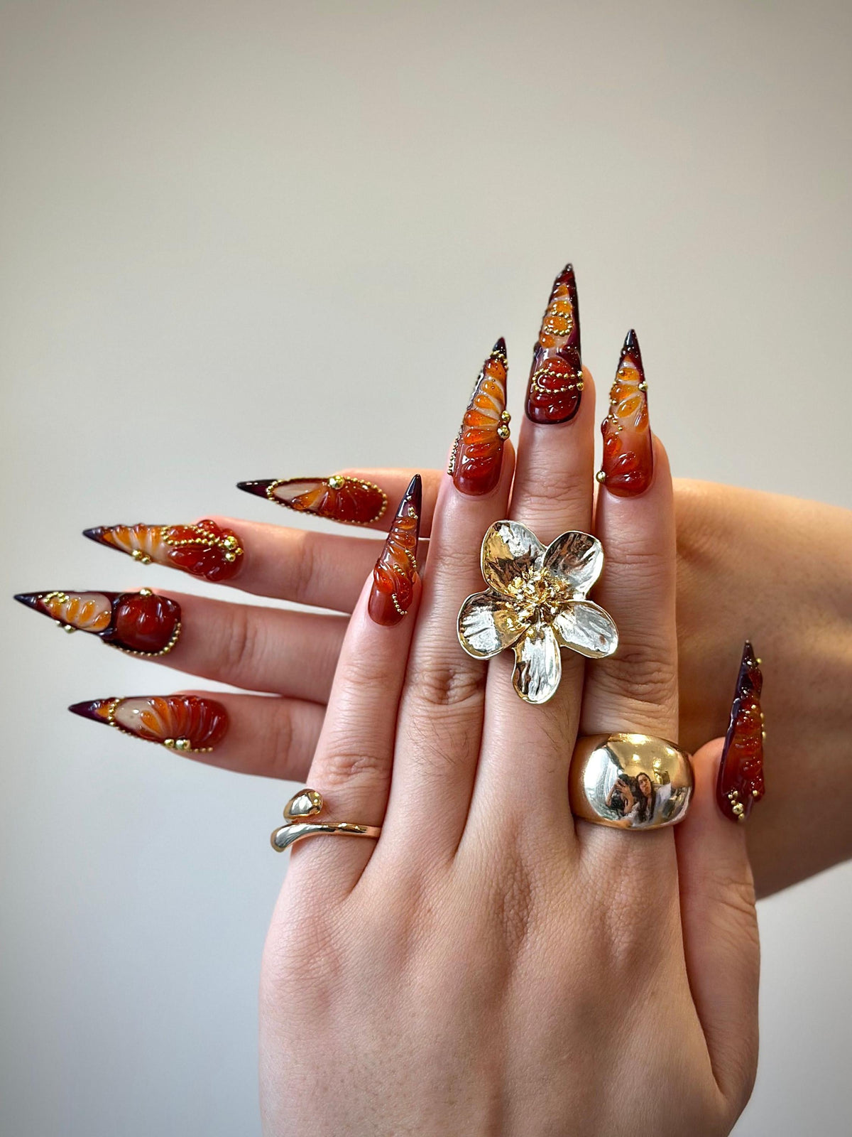 Amber Fall Press On Nails | Brown & Gold Ombre Nail Art | 3D Swirl Nails | Luxury Long Stiletto Nails | Elegant Glam Press Ons | JB174HC
