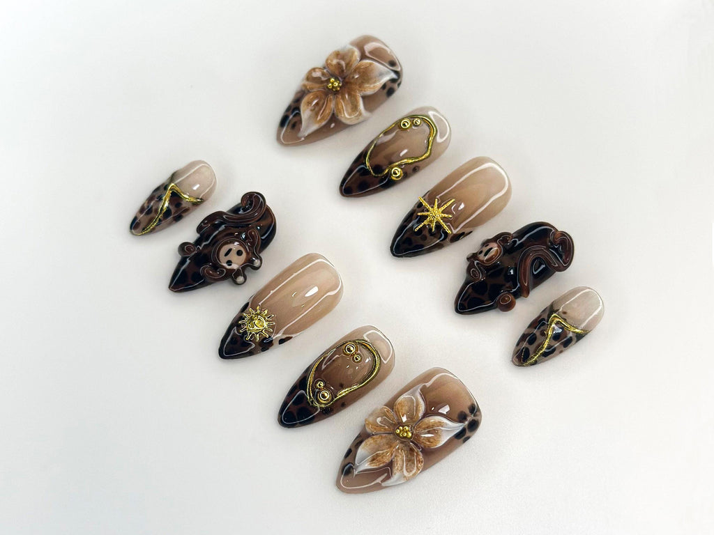 Jungle Safari Monkey Press On Nails | 3D Flower & Leopard Print Nail Art | Exotic Animal Nail Set | Handmade Safari Nails | JC1116BK