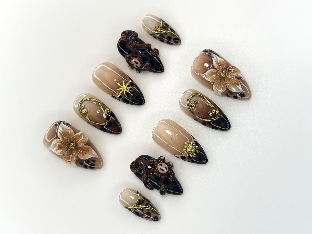 Jungle Safari Monkey Press On Nails | 3D Flower & Leopard Print Nail Art | Exotic Animal Nail Set | Handmade Safari Nails | JC1116BK
