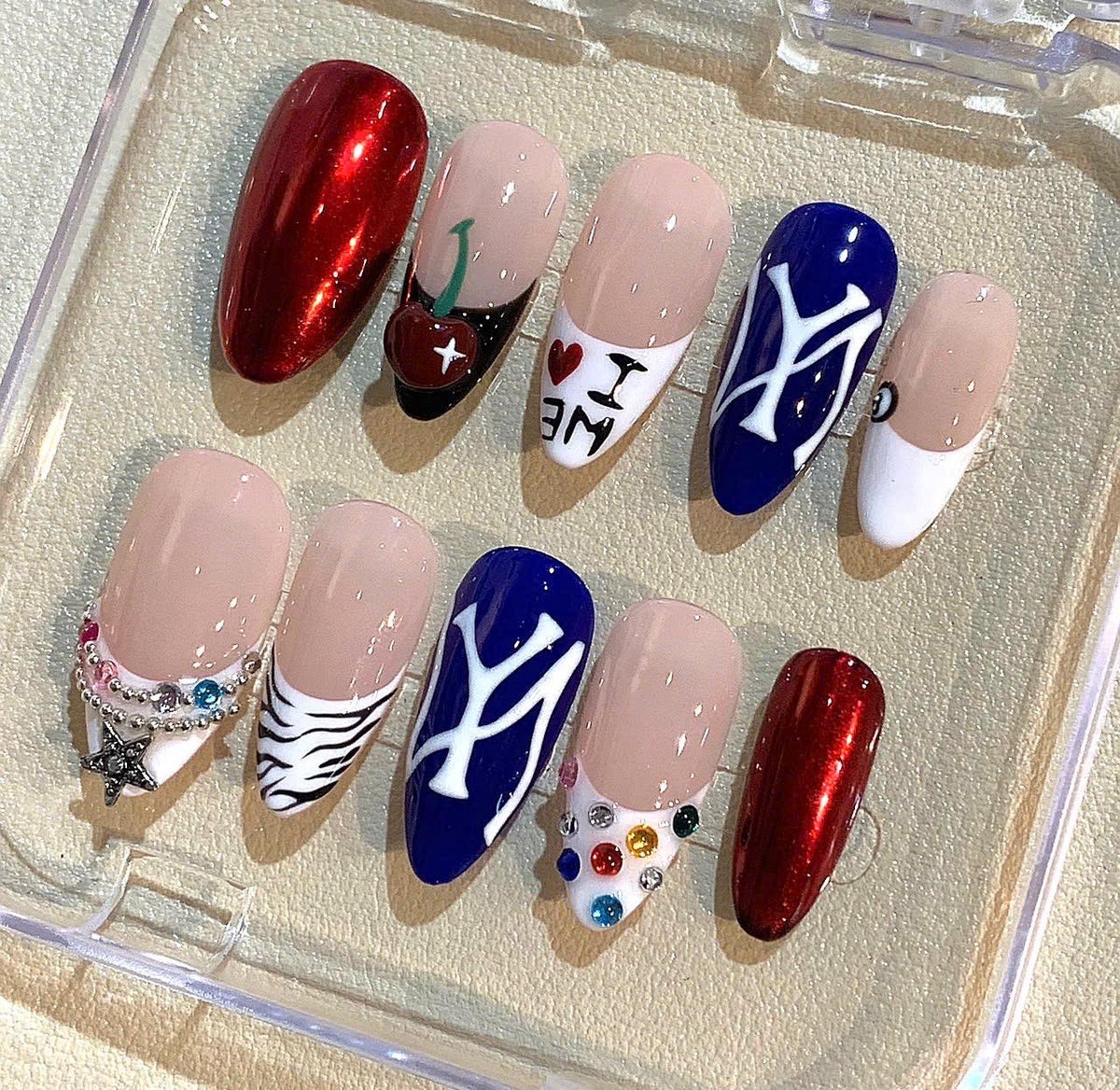 Handmade New York Press On Nails: Red, White & Blue Cherry Nail Art