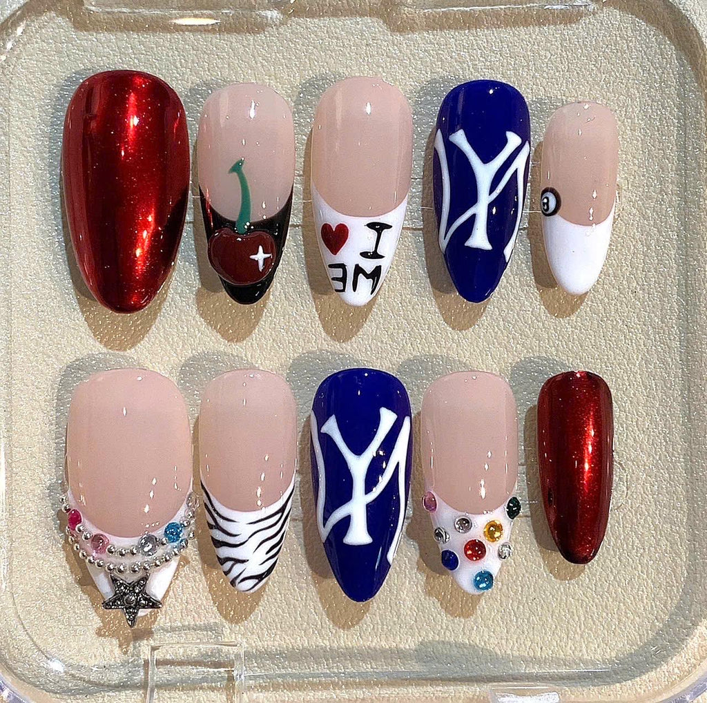 Handmade New York Press On Nails: Red, White & Blue Cherry Nail Art