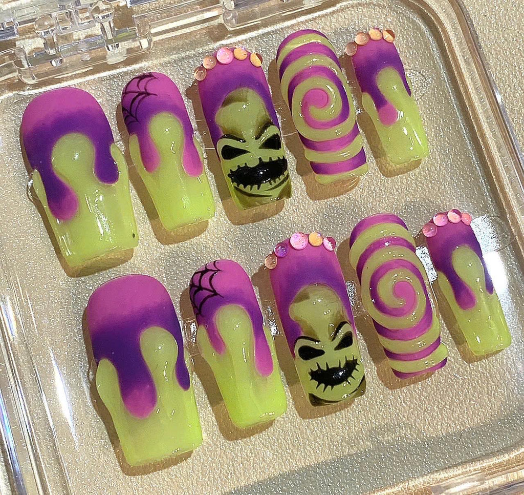 Halloween Press On Nails: Oogie Boogie Inspired Glow-in-the-Dark False Nails