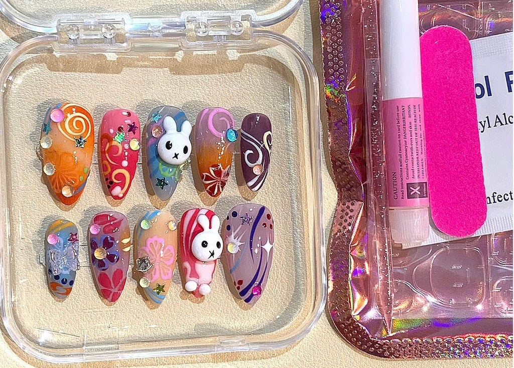 3D Cartoon Bunny Press On Nails: Handmade Colorful Nail Art Set