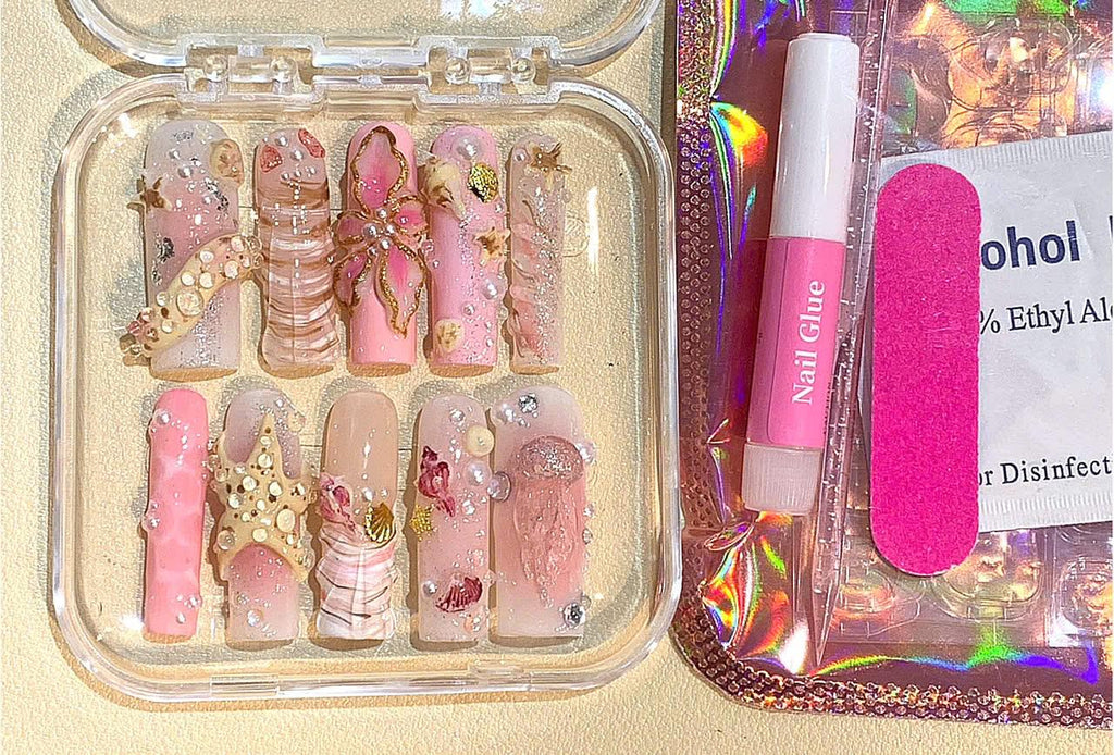 3D Seashell Press On Nails: Pink Beige Mermaid Nail Art