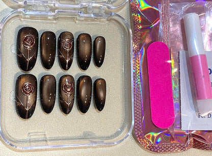 Black Rose Press On Nails: Gothic Cat Eye Magnetic Effect, Handmade
