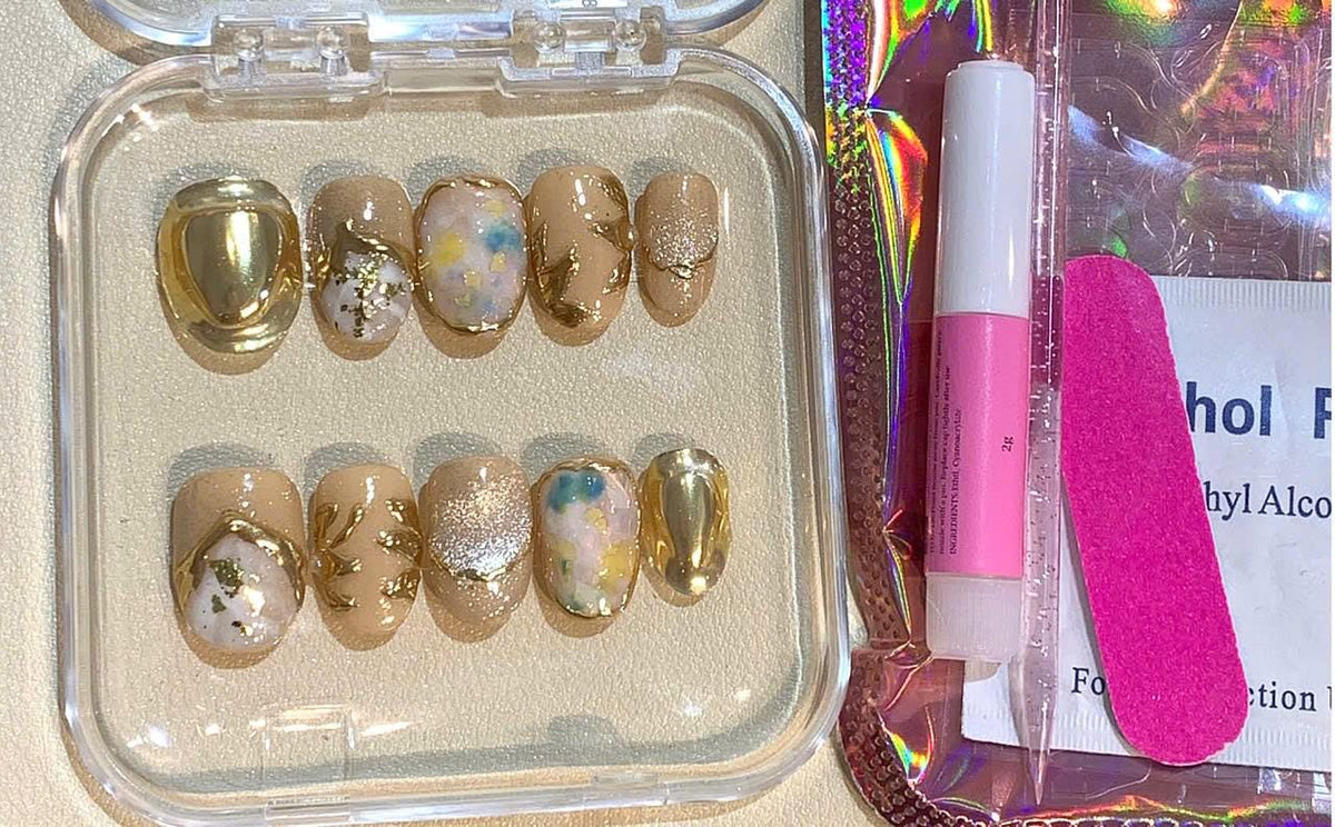 Gold Chrome Marble Press On Nails: Luxury Iridescent Nail Art Set