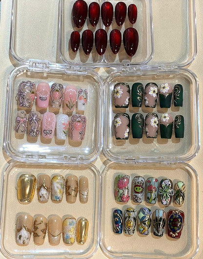 Green Floral Press On Nails: Matte Stiletto with Gold Leaf & White Flowers