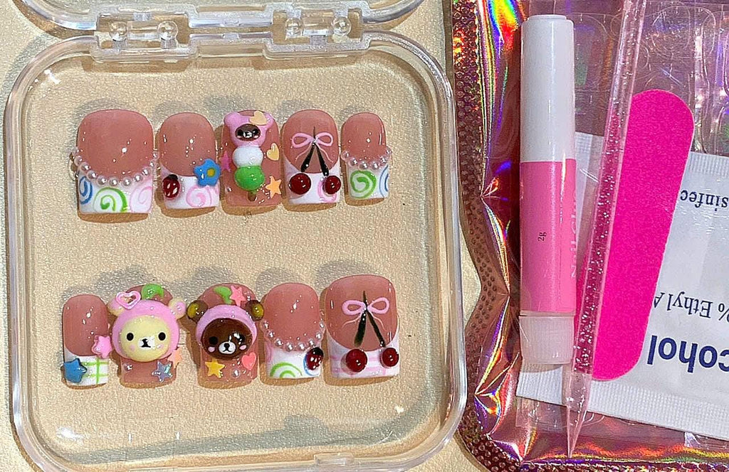 Y2K Kawaii Bear Cherry Press On Nails, 3D Japanese Inspired Nail Art