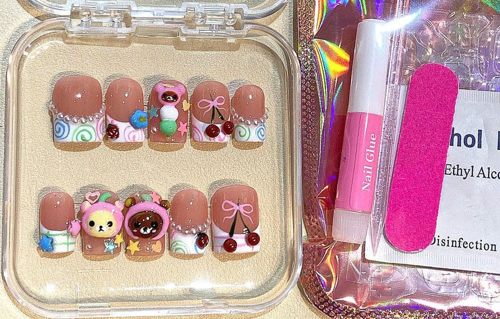 Y2K Kawaii Bear Cherry Press On Nails, 3D Japanese Inspired Nail Art