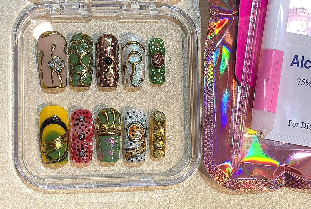 Hand Painted Press On Nails | Green Gold Abstract Dot Art